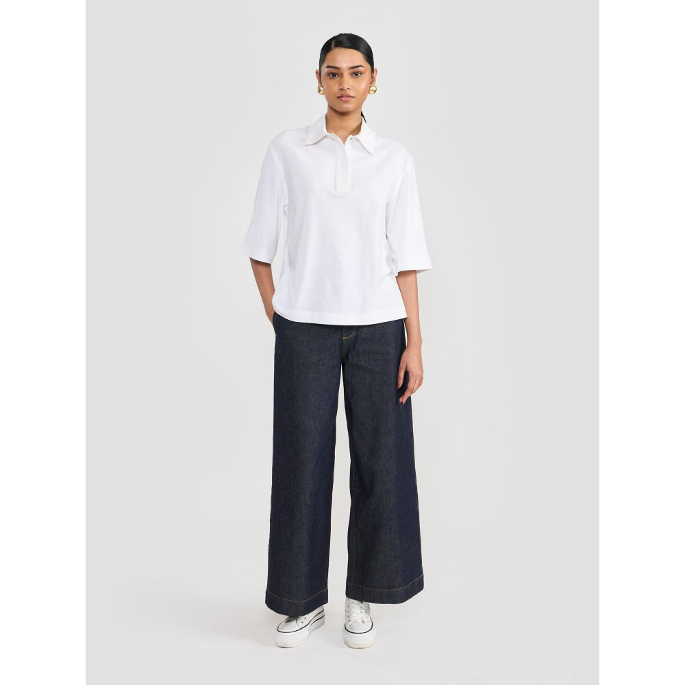 Perona Off White Alisha Cotton Collar Neck Solid/Plain Polo T-Shirt