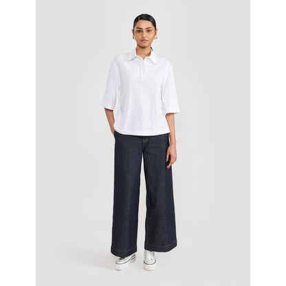 Perona Off White Alisha Cotton Collar Neck Solid/Plain Polo T-Shirt