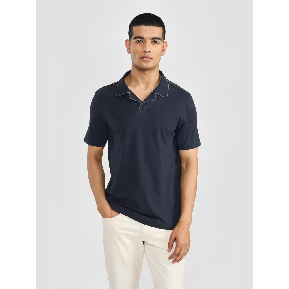 Perona Navy Blue Alex Pure Cotton Collar Neck Solid/Plain Polo T-Shirt