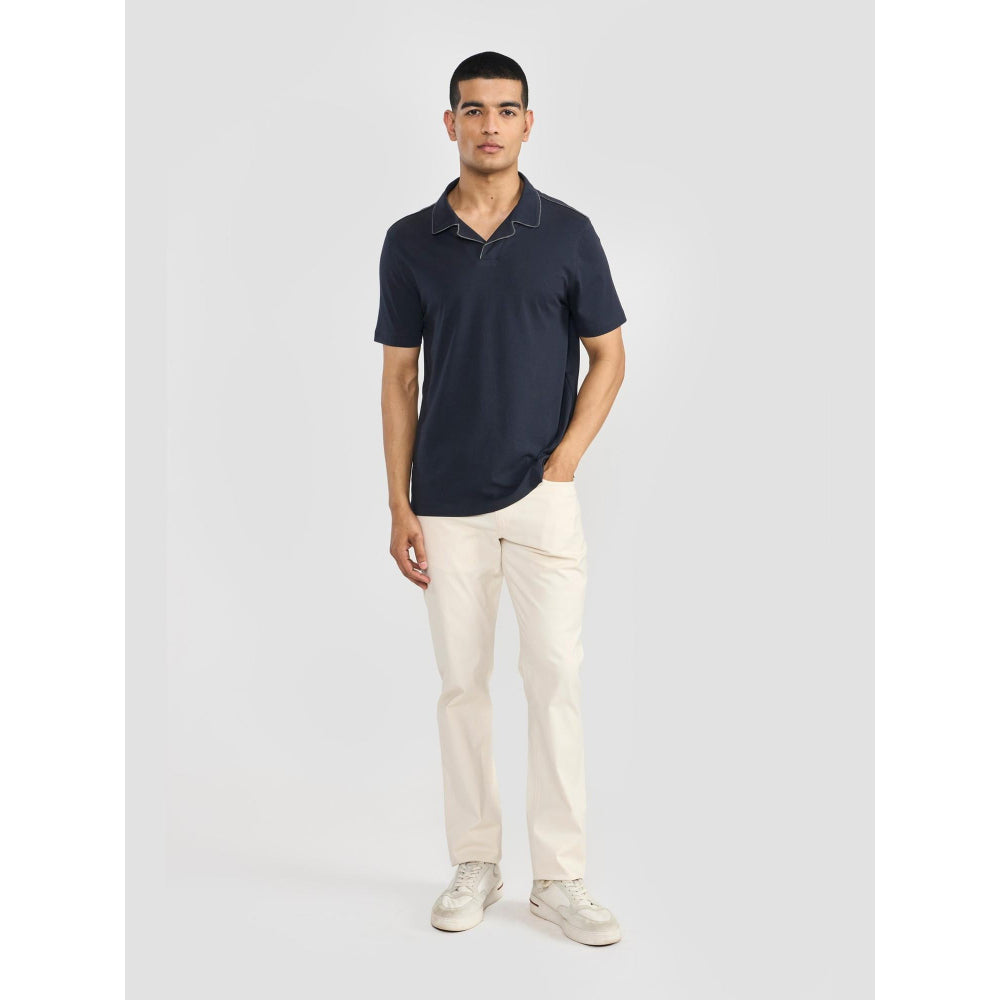 Perona Navy Blue Alex Pure Cotton Collar Neck Solid/Plain Polo T-Shirt