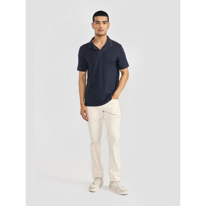 Perona Navy Blue Alex Pure Cotton Collar Neck Solid/Plain Polo T-Shirt