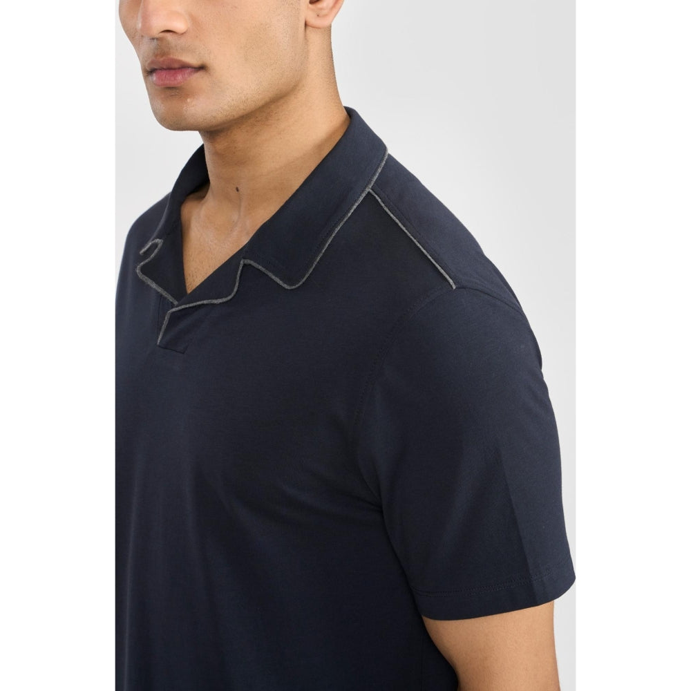 Perona Navy Blue Alex Pure Cotton Collar Neck Solid/Plain Polo T-Shirt