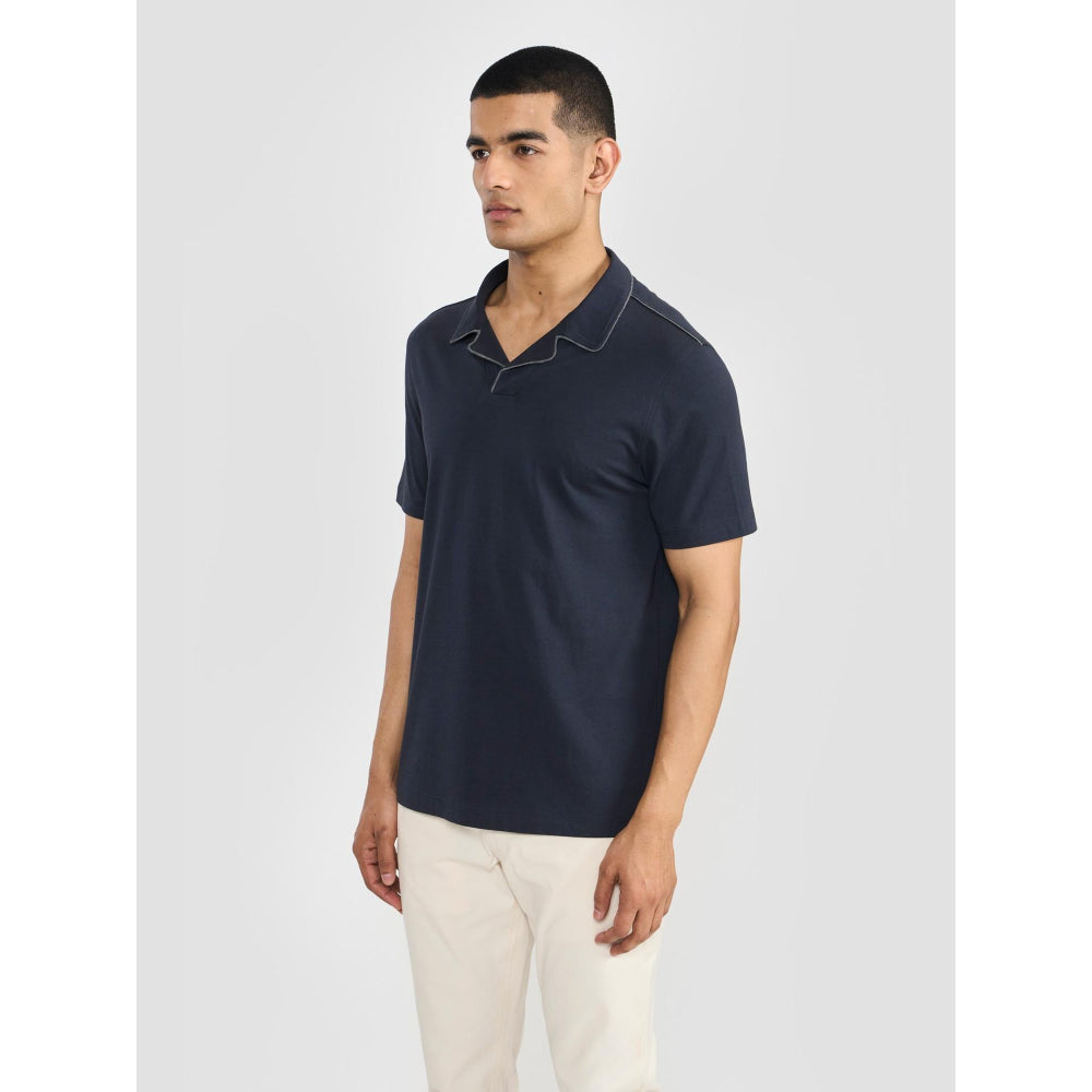 Perona Navy Blue Alex Pure Cotton Collar Neck Solid/Plain Polo T-Shirt