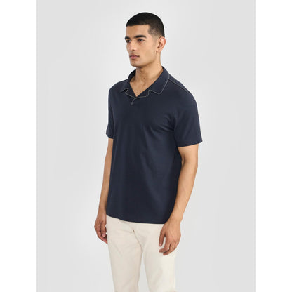 Perona Navy Blue Alex Pure Cotton Collar Neck Solid/Plain Polo T-Shirt