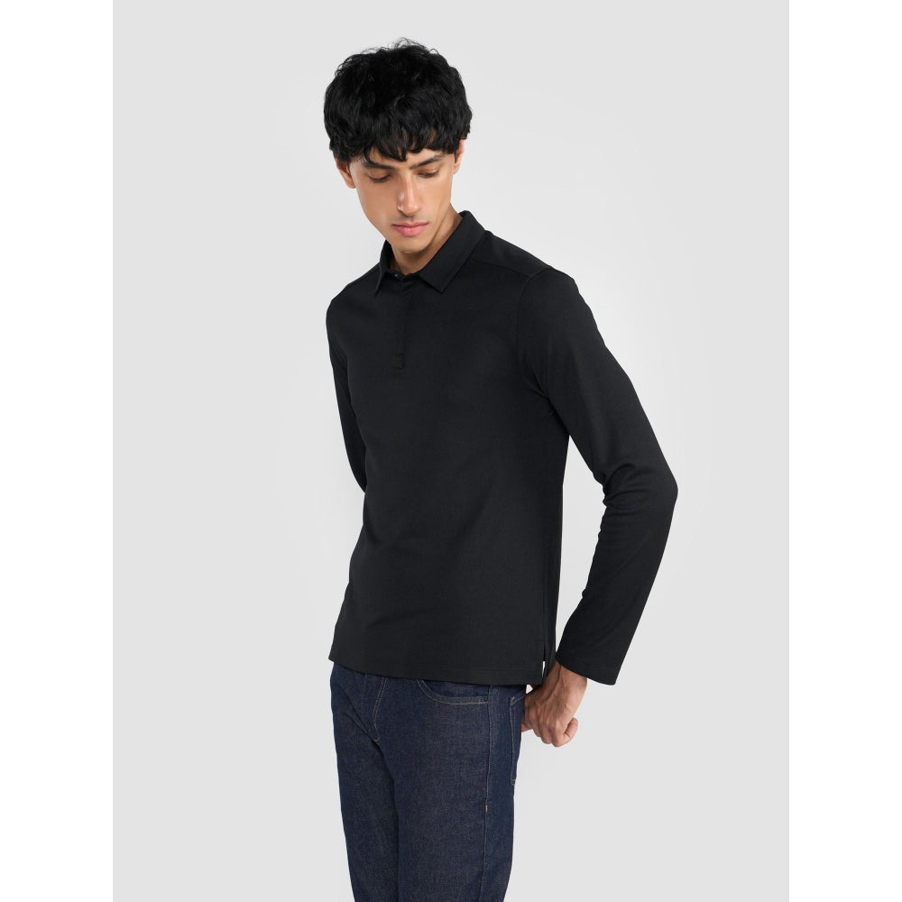 Perona Black Mike Polyester Collar Neck Solid/Plain Polo T-Shirt