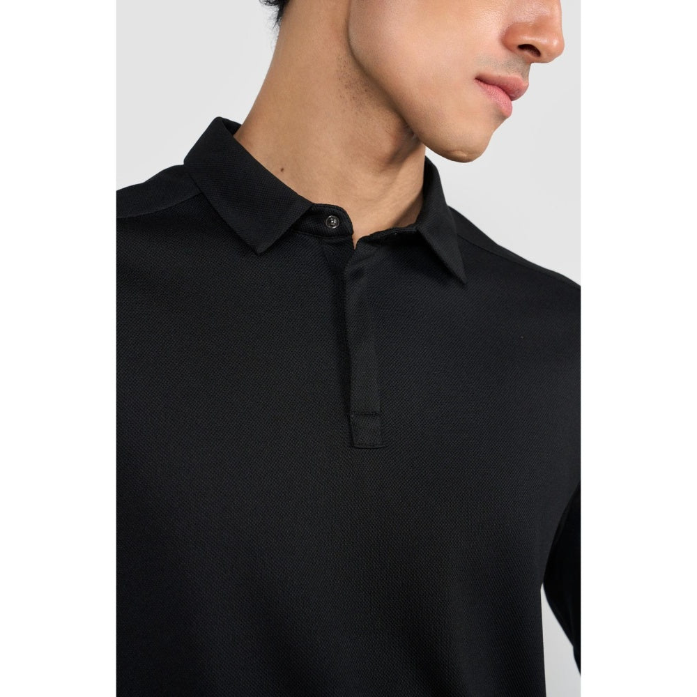 Perona Black Mike Polyester Collar Neck Solid/Plain Polo T-Shirt