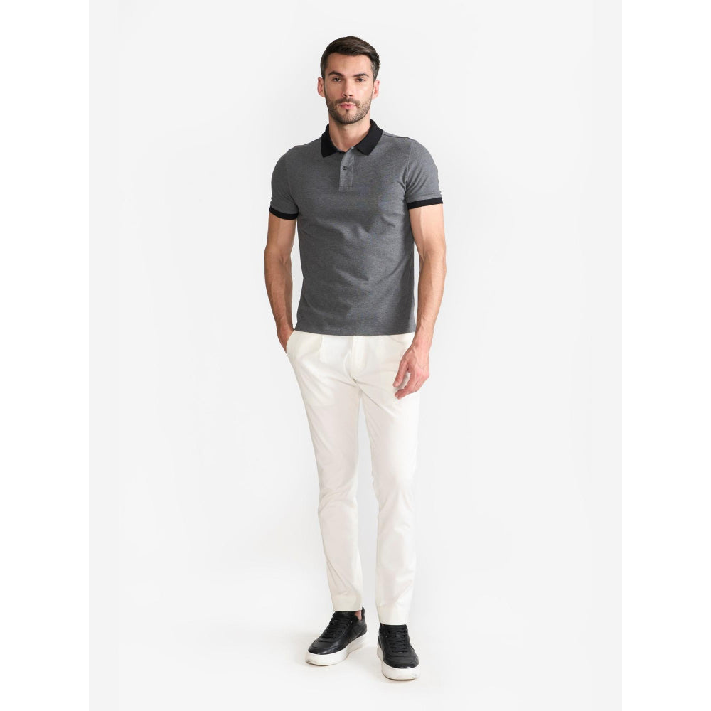 Perona Grey Brady Cotton Collar Neck Solid/Plain Polo T-Shirt