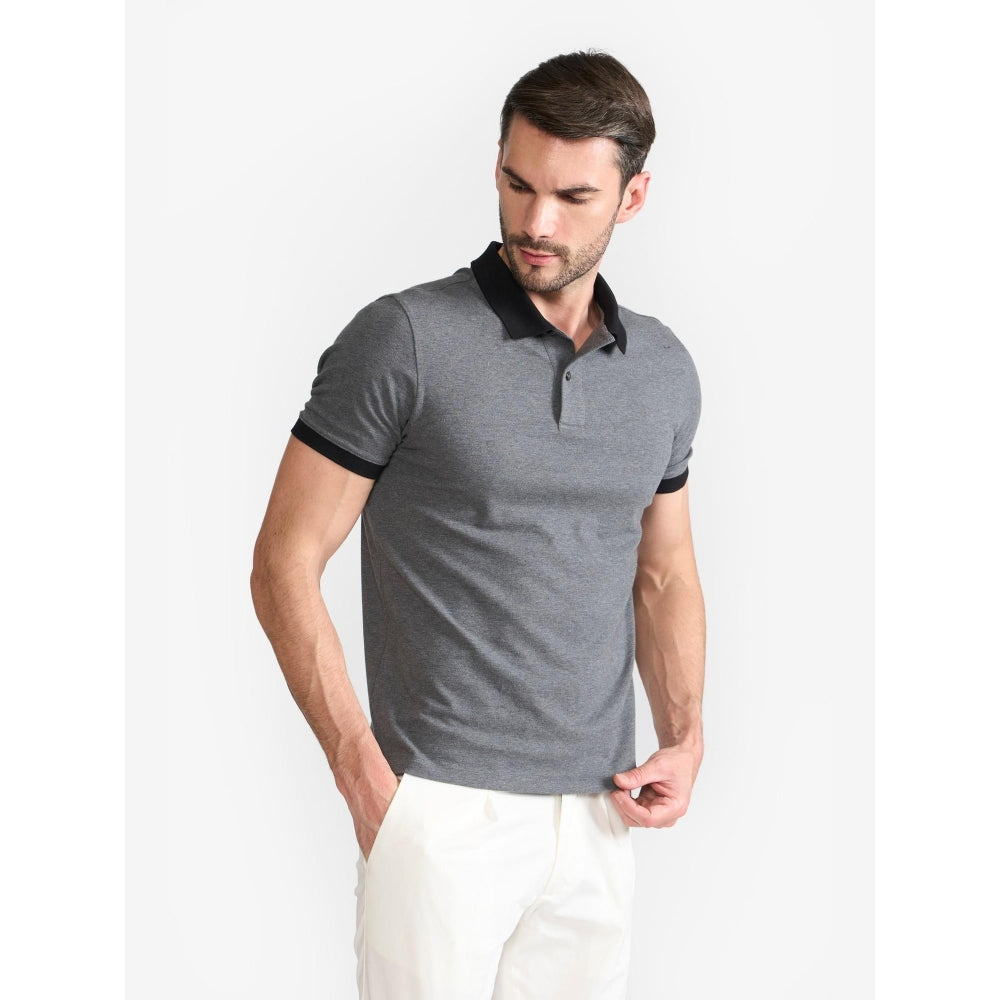 Perona Grey Brady Cotton Collar Neck Solid/Plain Polo T-Shirt