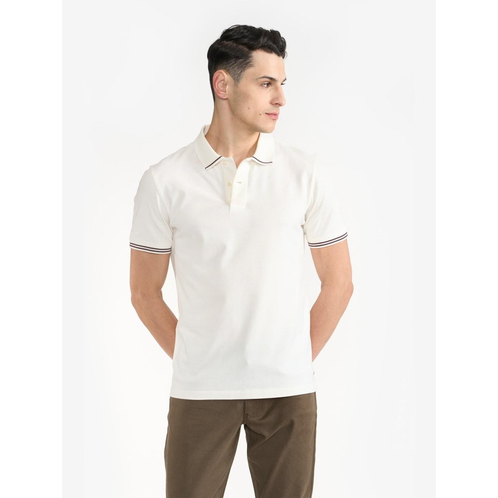 Perona Off White Brady Cotton Collar Neck Solid/Plain Polo T-Shirt