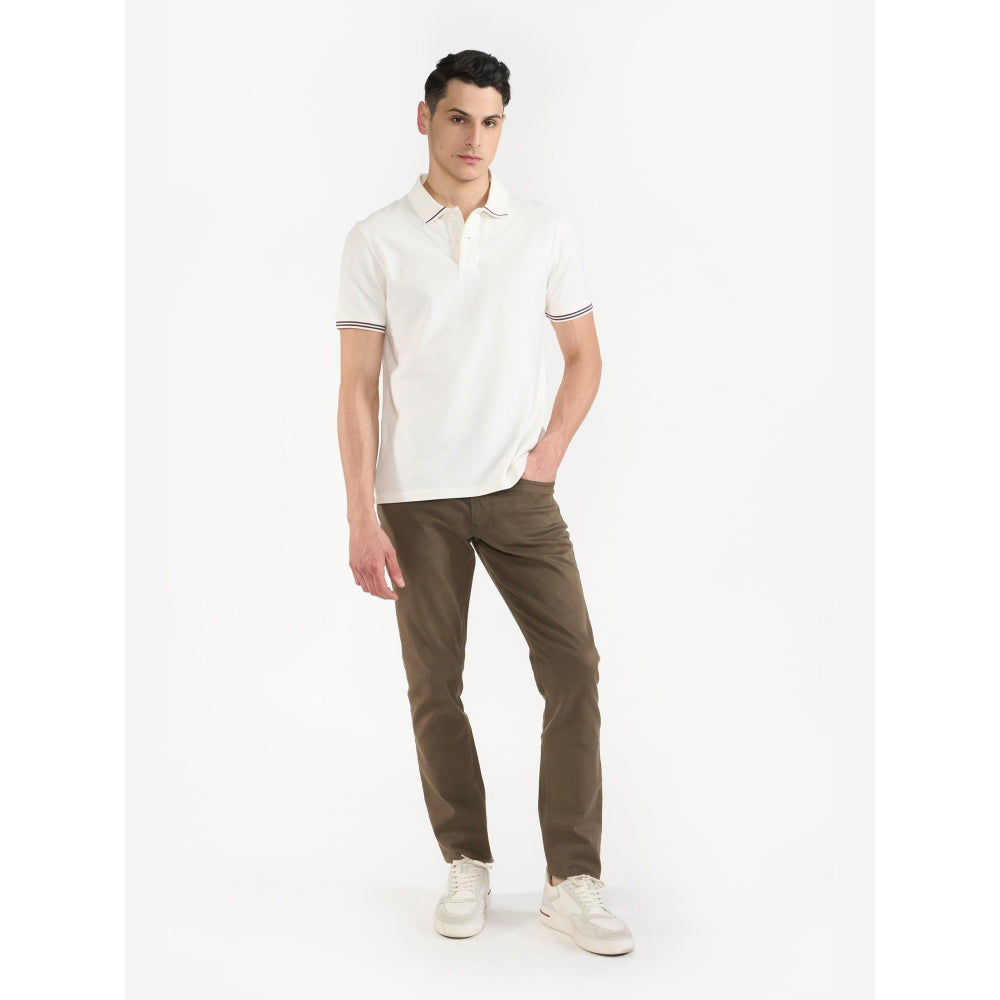 Perona Off White Brady Cotton Collar Neck Solid/Plain Polo T-Shirt