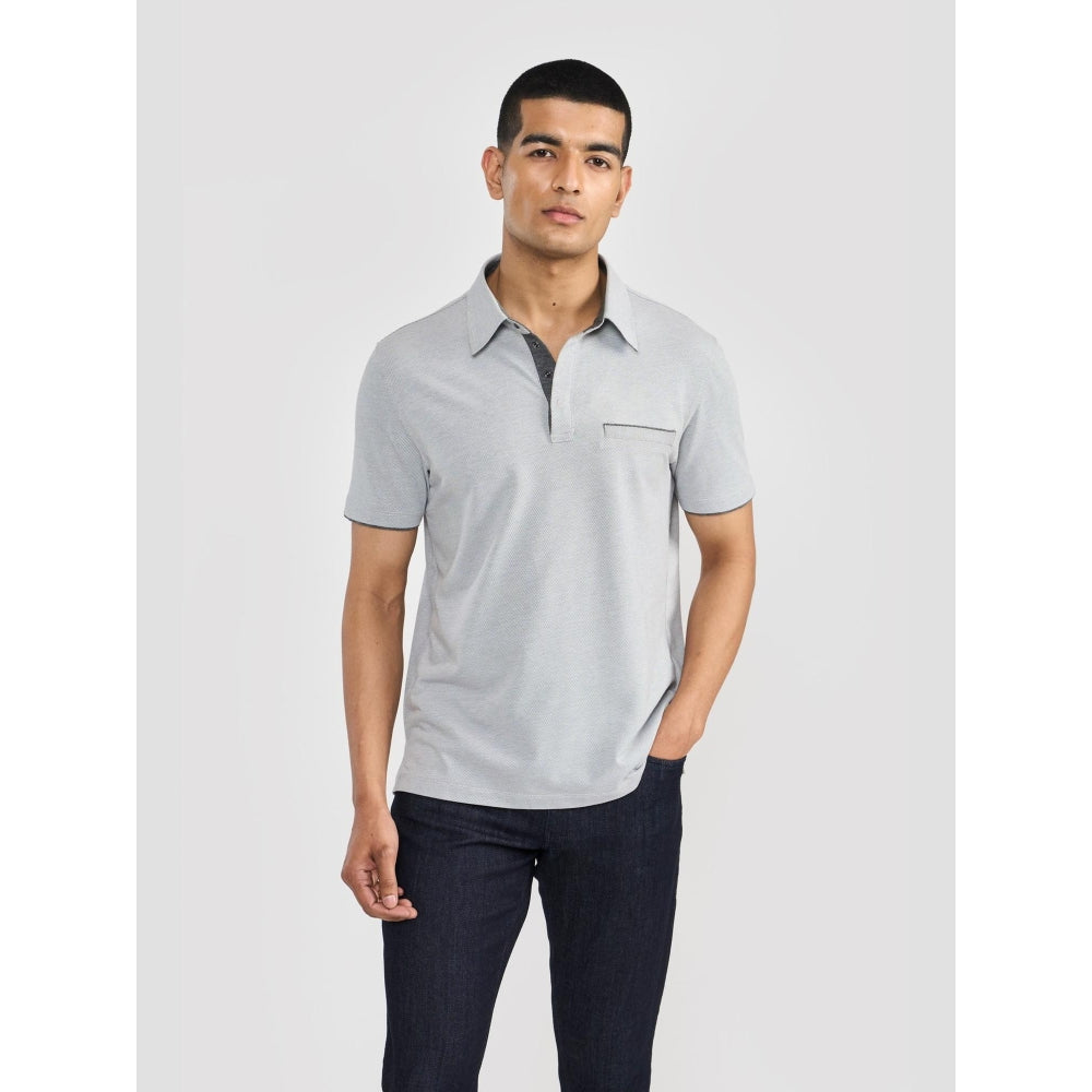 Perona Grey Brandon Cotton Blend Collar Neck Solid/Plain Polo T-Shirt