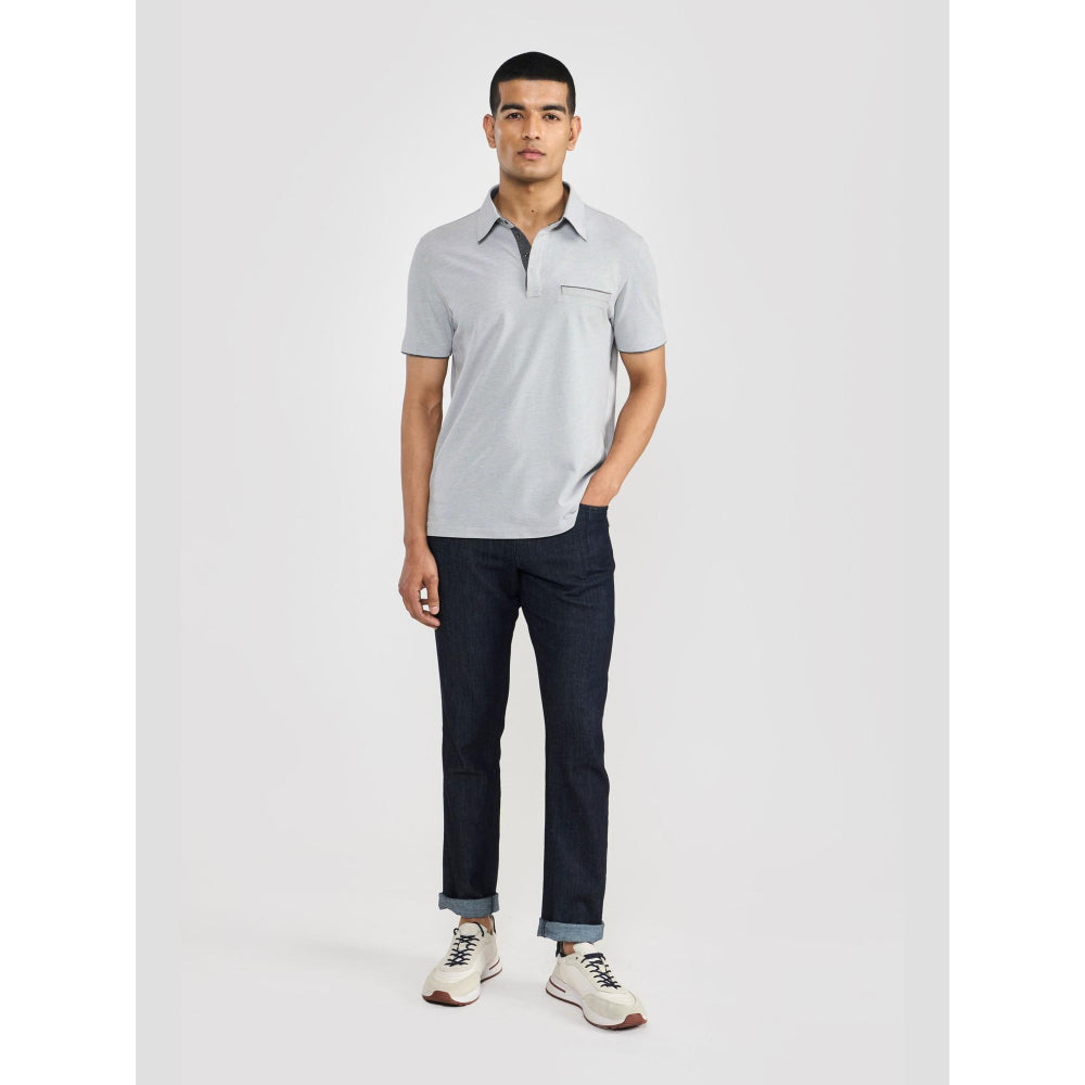 Perona Grey Brandon Cotton Blend Collar Neck Solid/Plain Polo T-Shirt