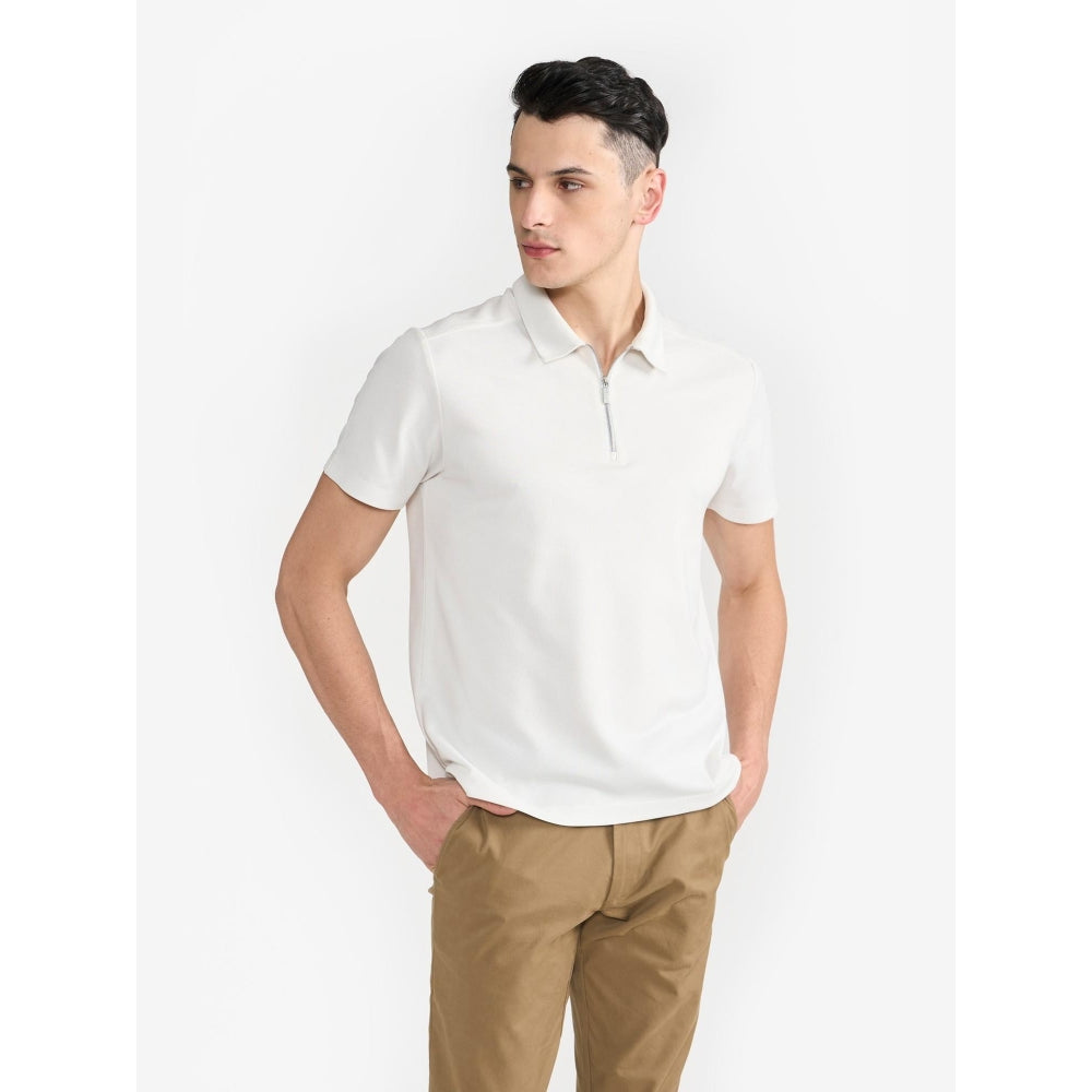 Perona White Ellis Polyester Collar Neck Solid/Plain Polo T-Shirt