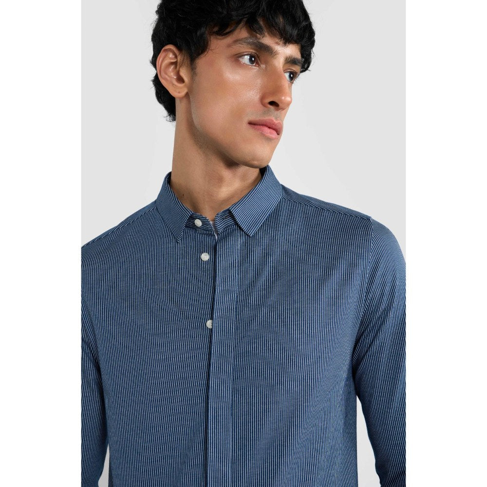 Perona Navy Blue Emilio Cotton Blend Solid Shirt