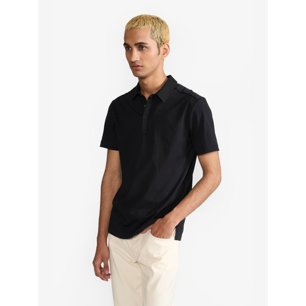 Perona Black Ethan Pure Cotton Collar Neck Solid/Plain Polo T-Shirt