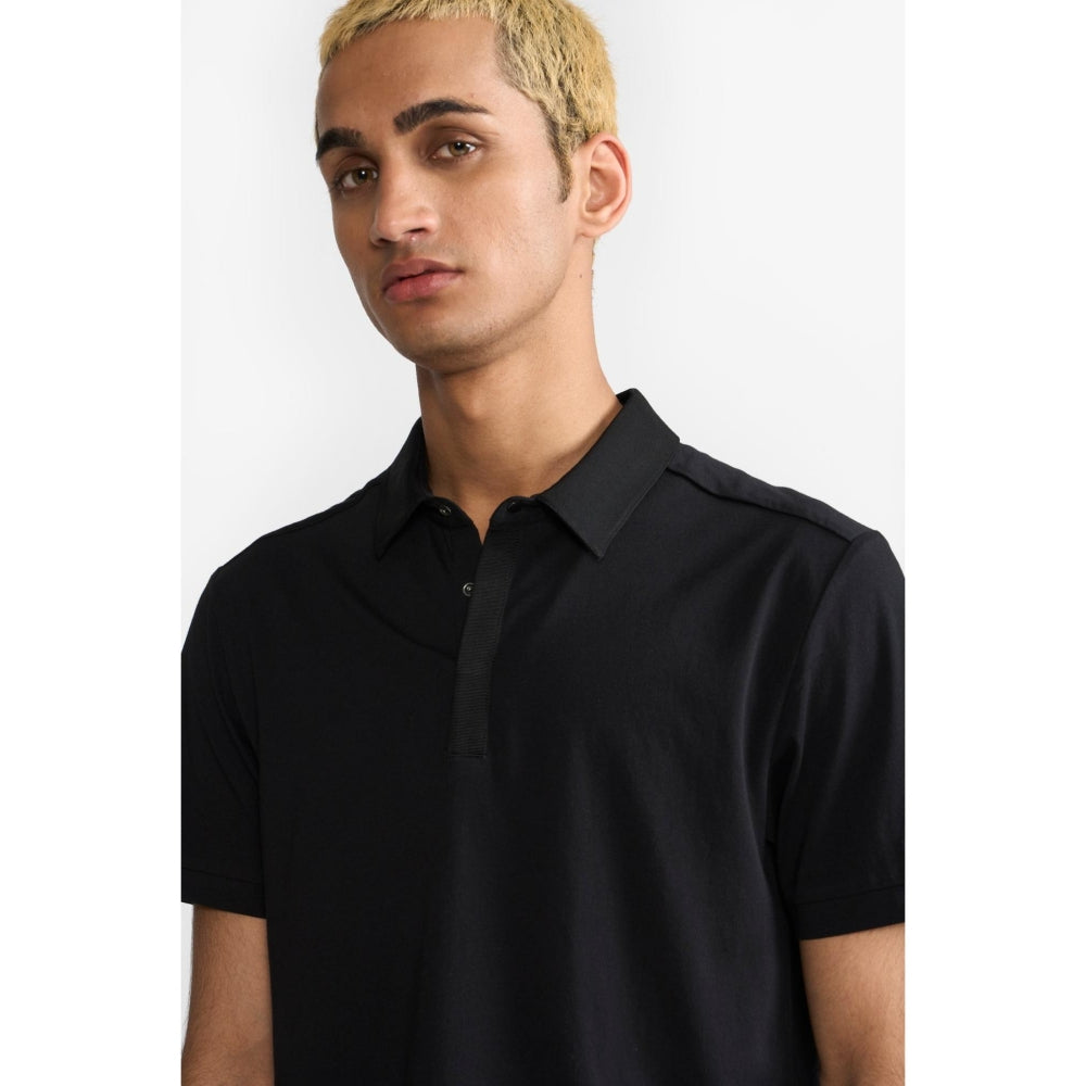 Perona Black Ethan Pure Cotton Collar Neck Solid/Plain Polo T-Shirt