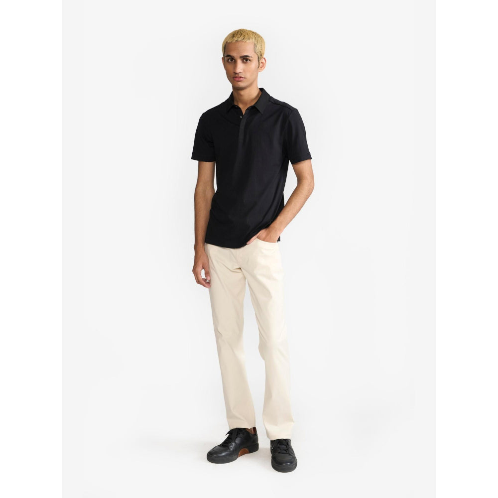 Perona Black Ethan Pure Cotton Collar Neck Solid/Plain Polo T-Shirt