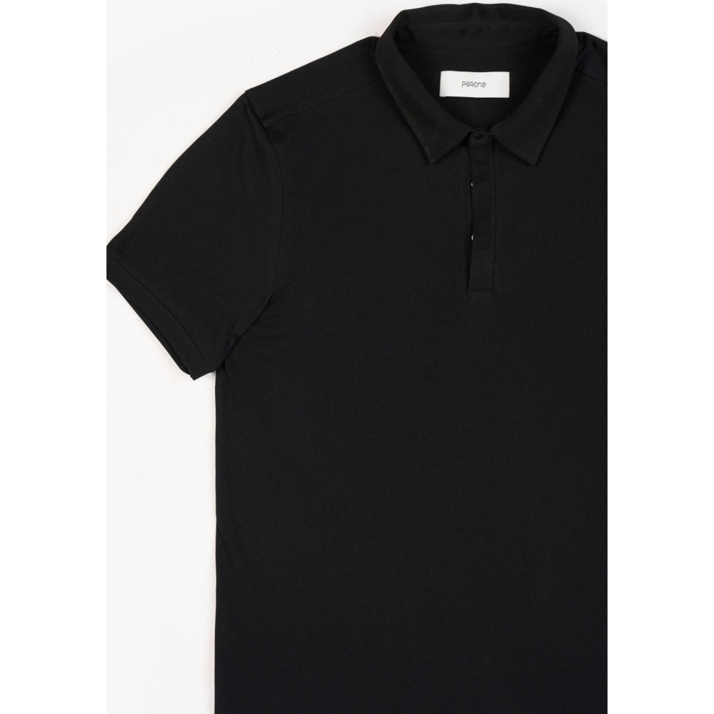Perona Black Ethan Pure Cotton Collar Neck Solid/Plain Polo T-Shirt