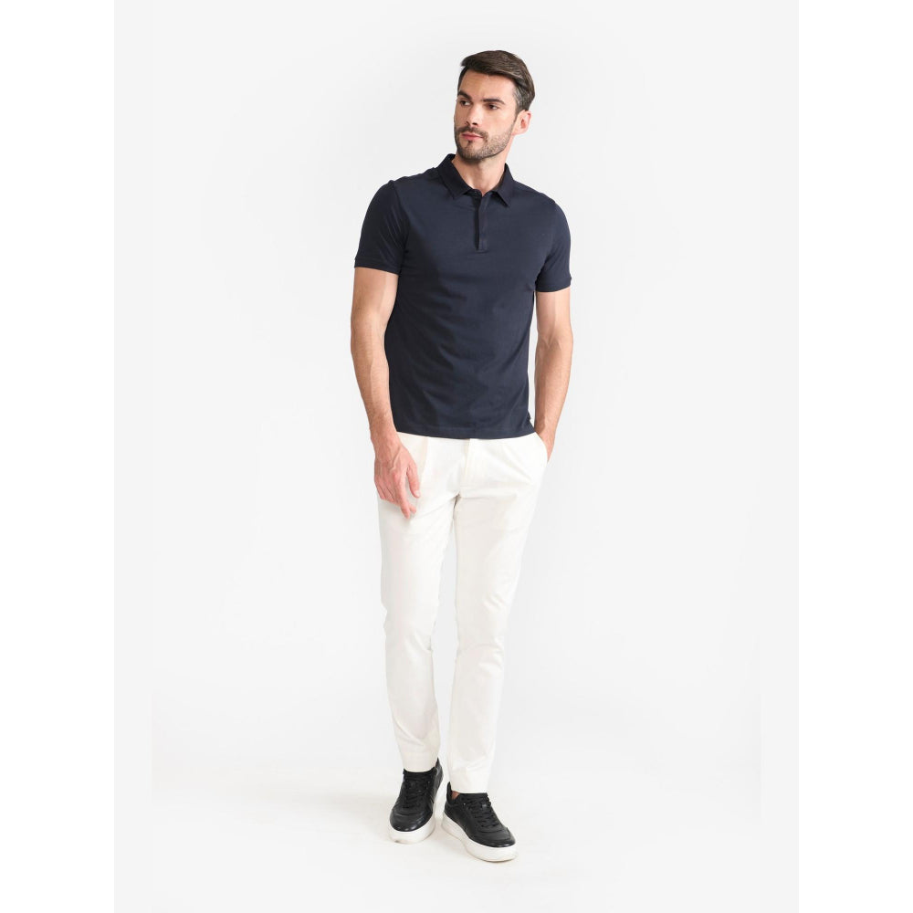 Perona Navy Blue Ethan Pure Cotton Collar Neck Solid/Plain Polo T-Shirt
