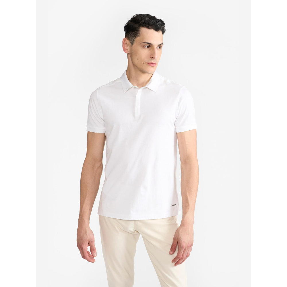 Perona White Ethan Pure Cotton Collar Neck Solid/Plain Polo T-Shirt
