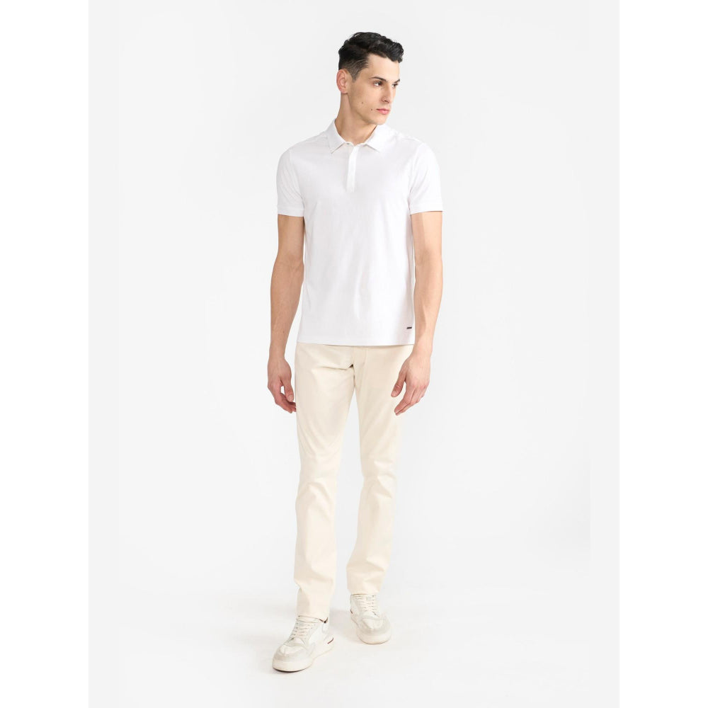 Perona White Ethan Pure Cotton Collar Neck Solid/Plain Polo T-Shirt