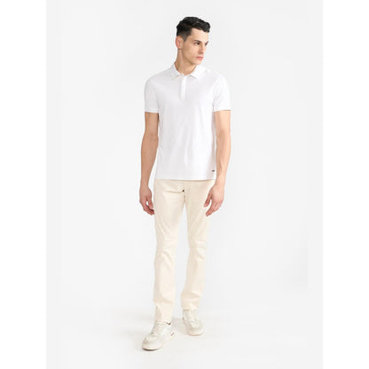Perona White Ethan Pure Cotton Collar Neck Solid/Plain Polo T-Shirt