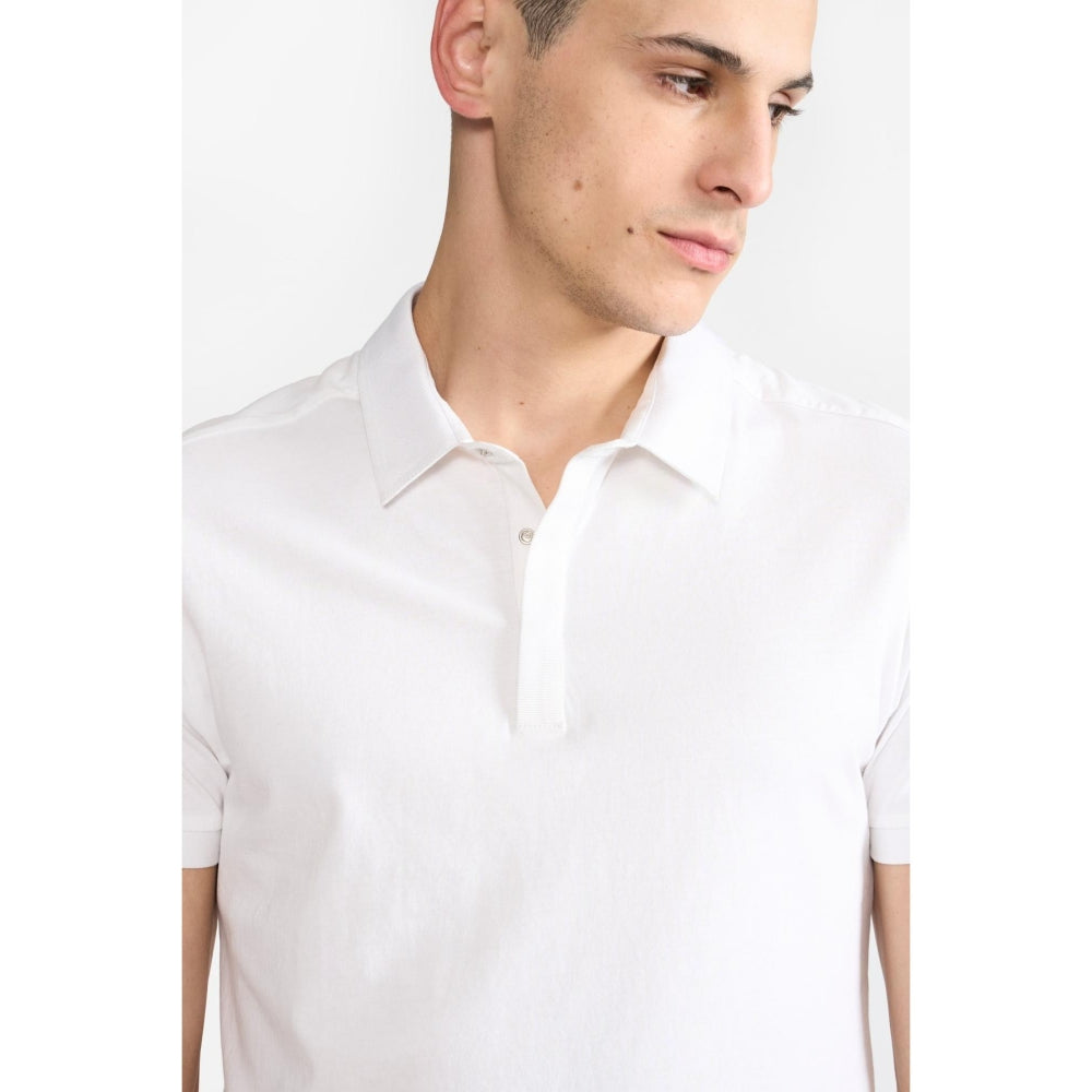 Perona White Ethan Pure Cotton Collar Neck Solid/Plain Polo T-Shirt