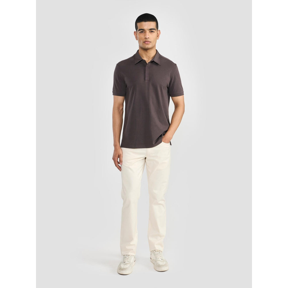 Perona Brown Ethan Pure Cotton Collar Neck Solid/Plain Polo T-Shirt