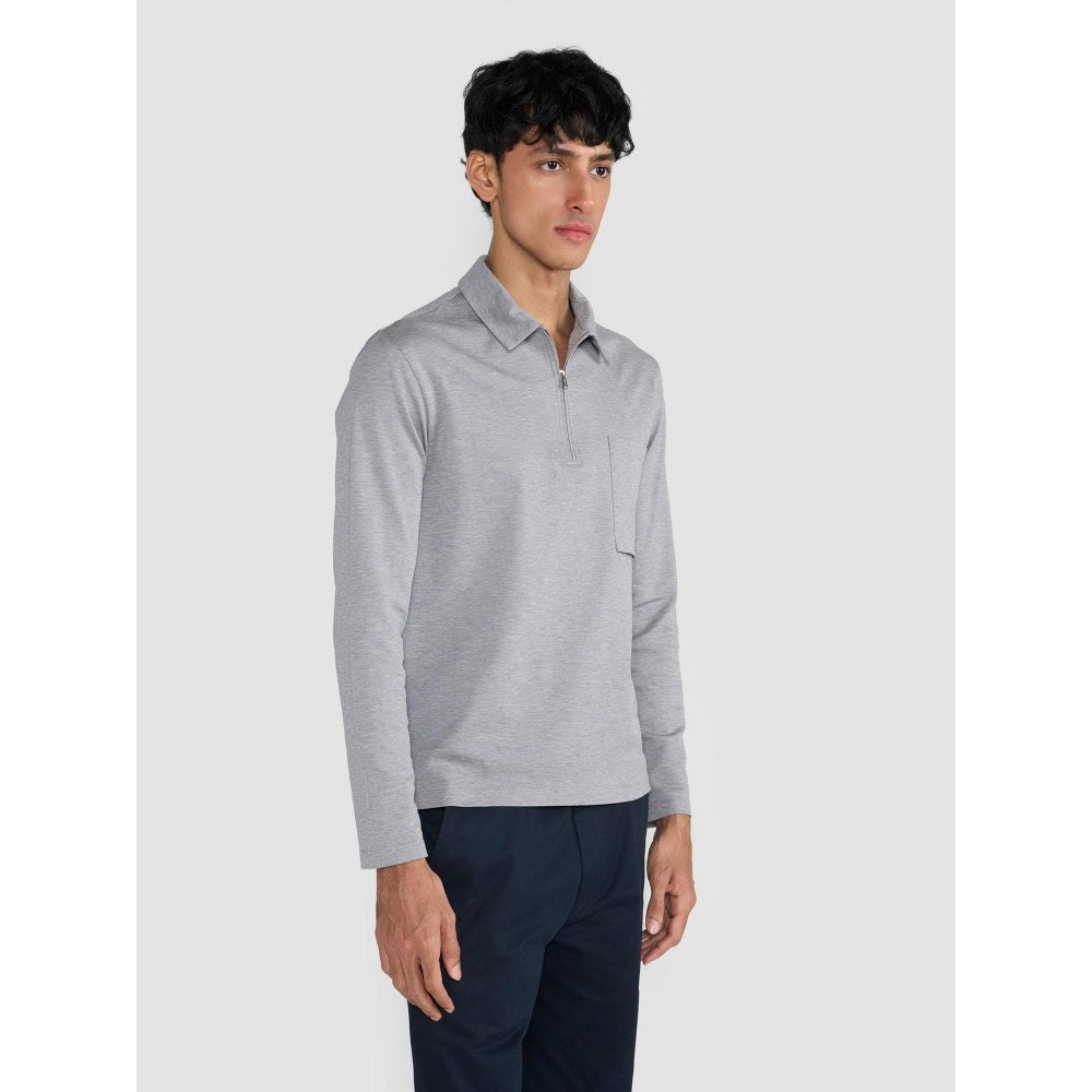 Perona Grey Tatsuko Pure Cotton Collar Neck Solid/Plain Polo T-Shirt