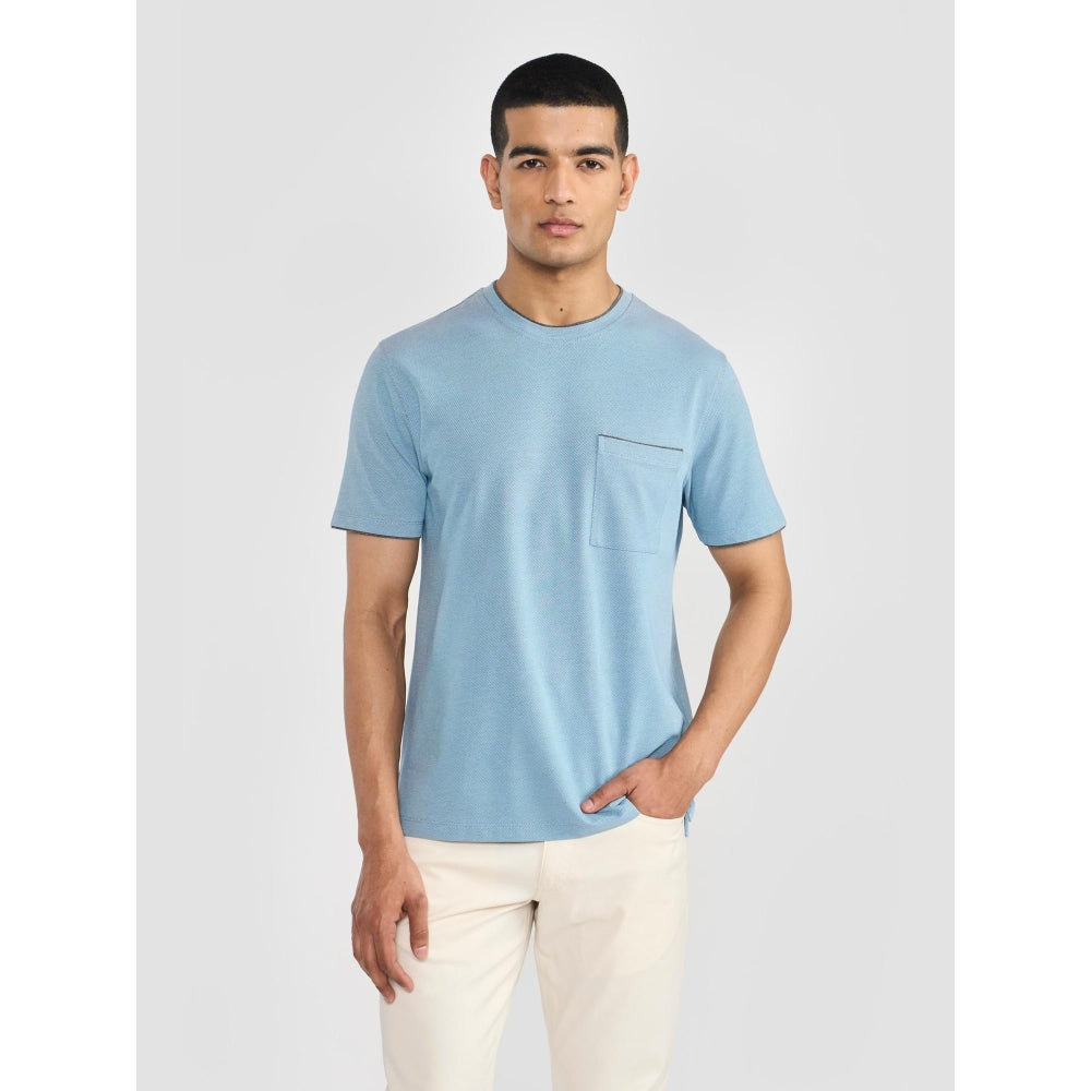 Perona Blue Kairo Cotton Crew Neck Solid/Plain T-Shirt