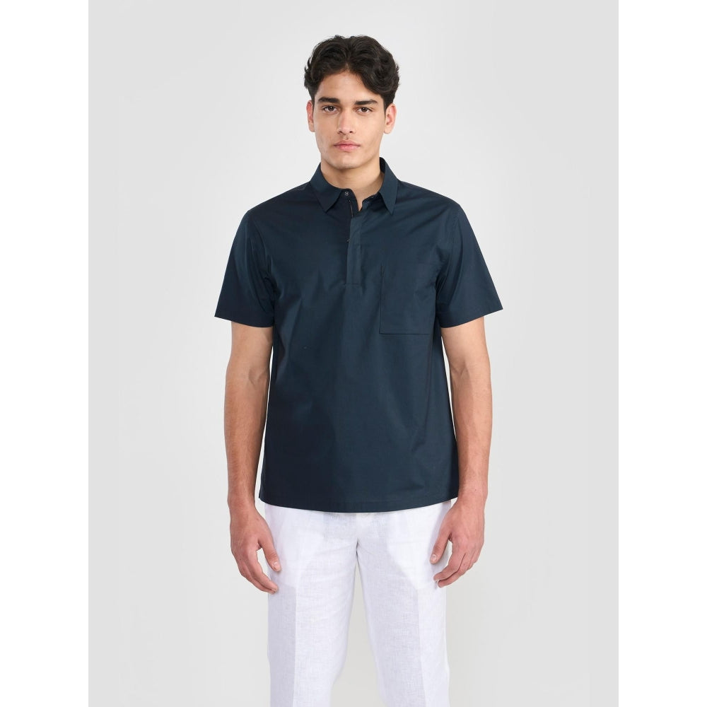 Perona Navy Blue Lane Cotton Collar Neck Solid/Plain Polo T-Shirt
