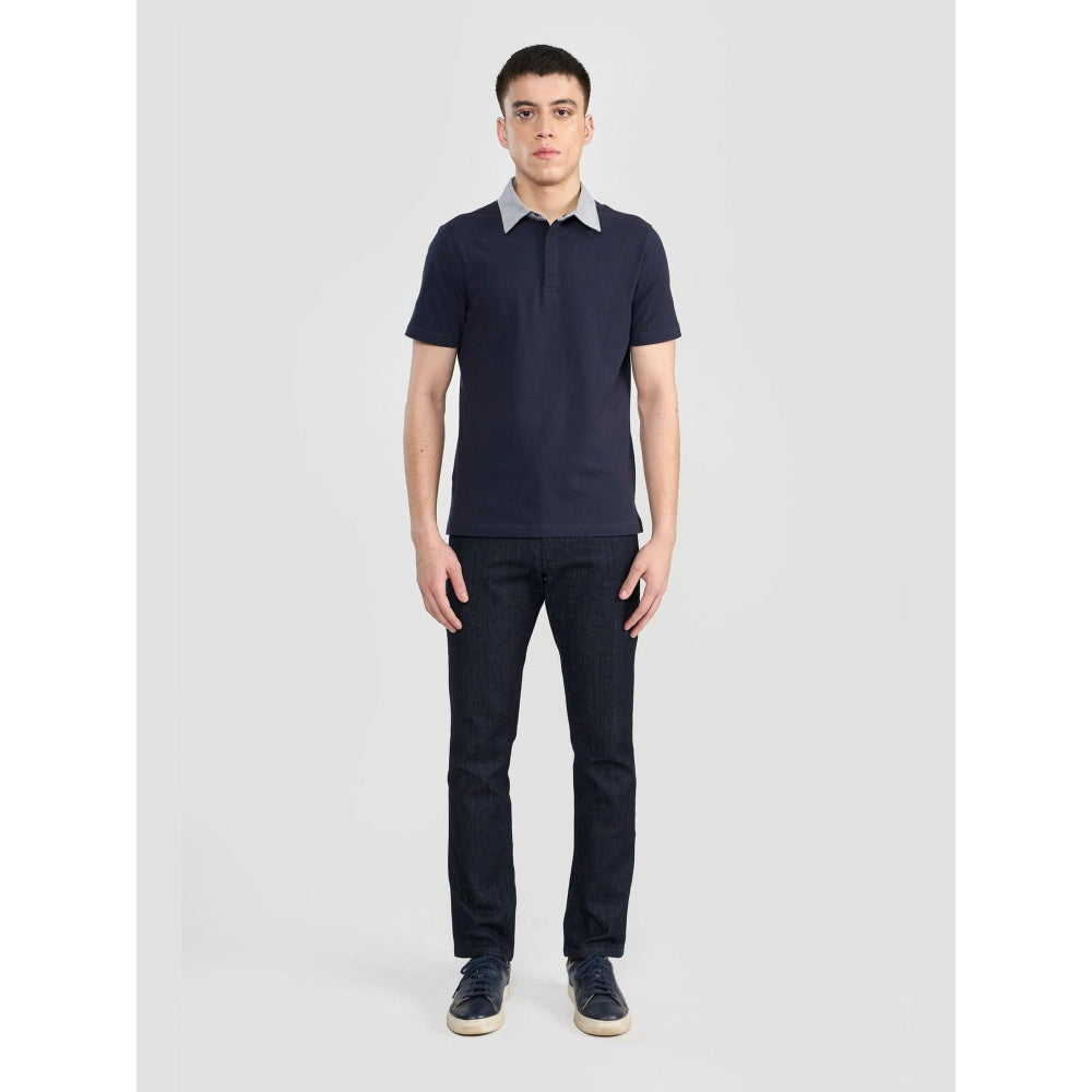 Perona Navy Blue Lorenzo Pure Cotton Collar Neck Solid/Plain Polo T-Shirt