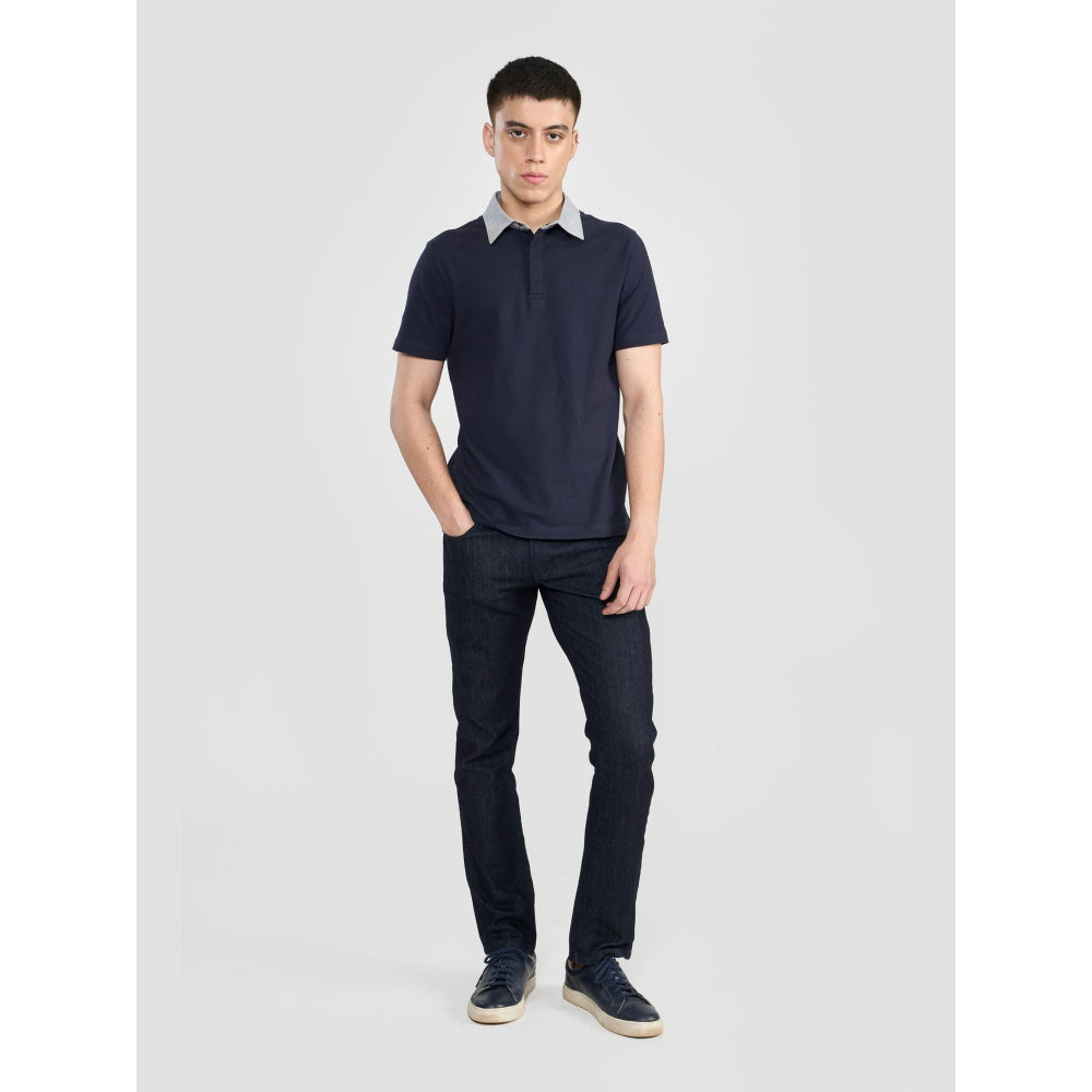 Perona Navy Blue Lorenzo Pure Cotton Collar Neck Solid/Plain Polo T-Shirt