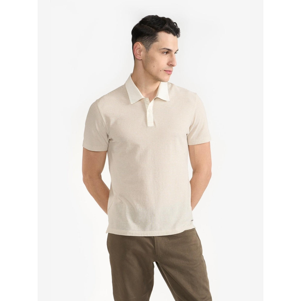 Perona Beige Manuel Cotton Collar Neck Solid/Plain Polo T-Shirt
