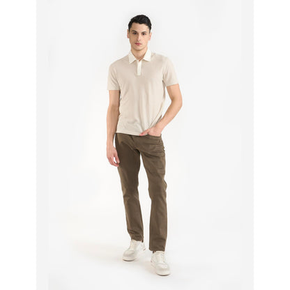 Perona Beige Manuel Cotton Collar Neck Solid/Plain Polo T-Shirt