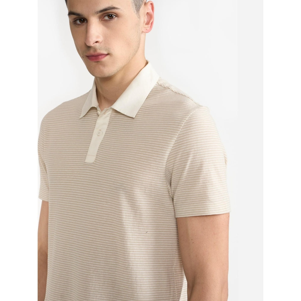 Perona Beige Manuel Cotton Collar Neck Solid/Plain Polo T-Shirt