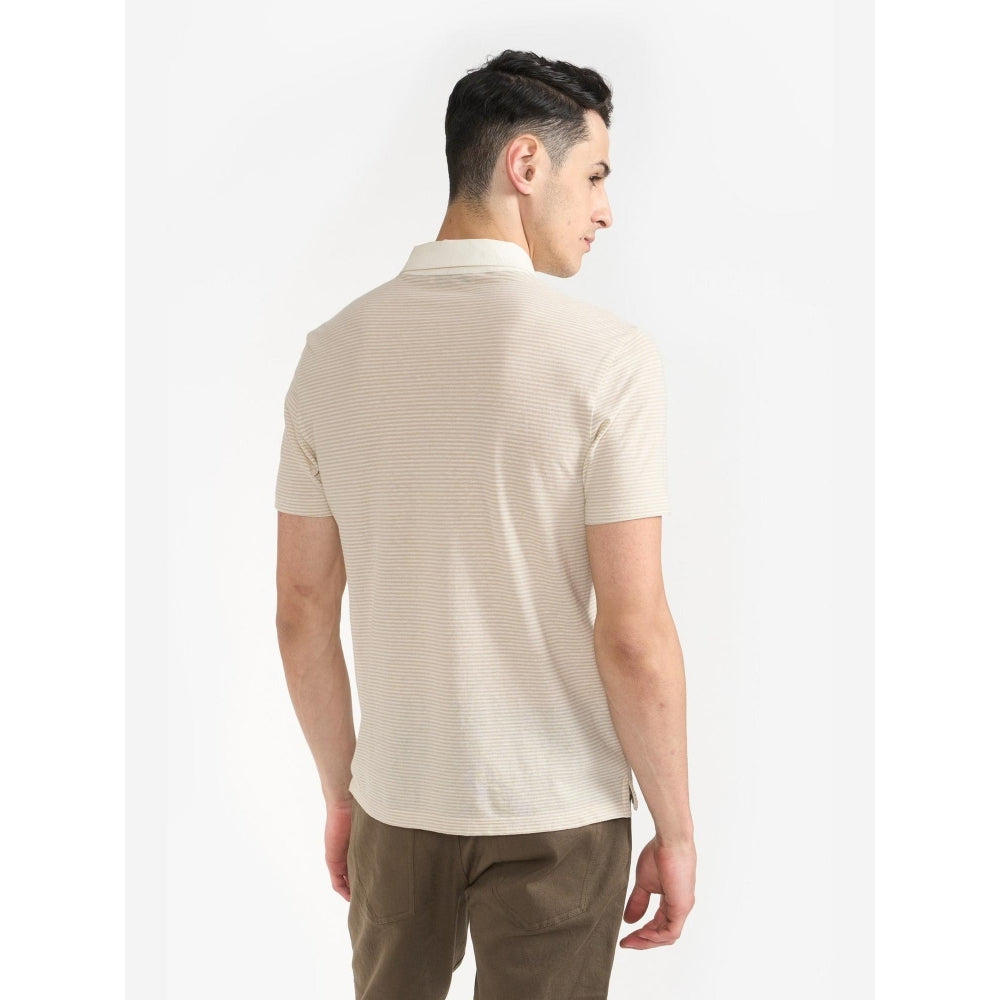 Perona Beige Manuel Cotton Collar Neck Solid/Plain Polo T-Shirt