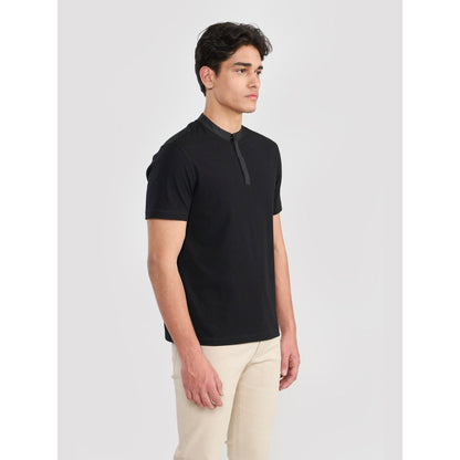 Perona Black Sean Pure Cotton Mandarin Neck Solid/Plain T-Shirt