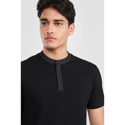 Perona Black Sean Pure Cotton Mandarin Neck Solid/Plain T-Shirt