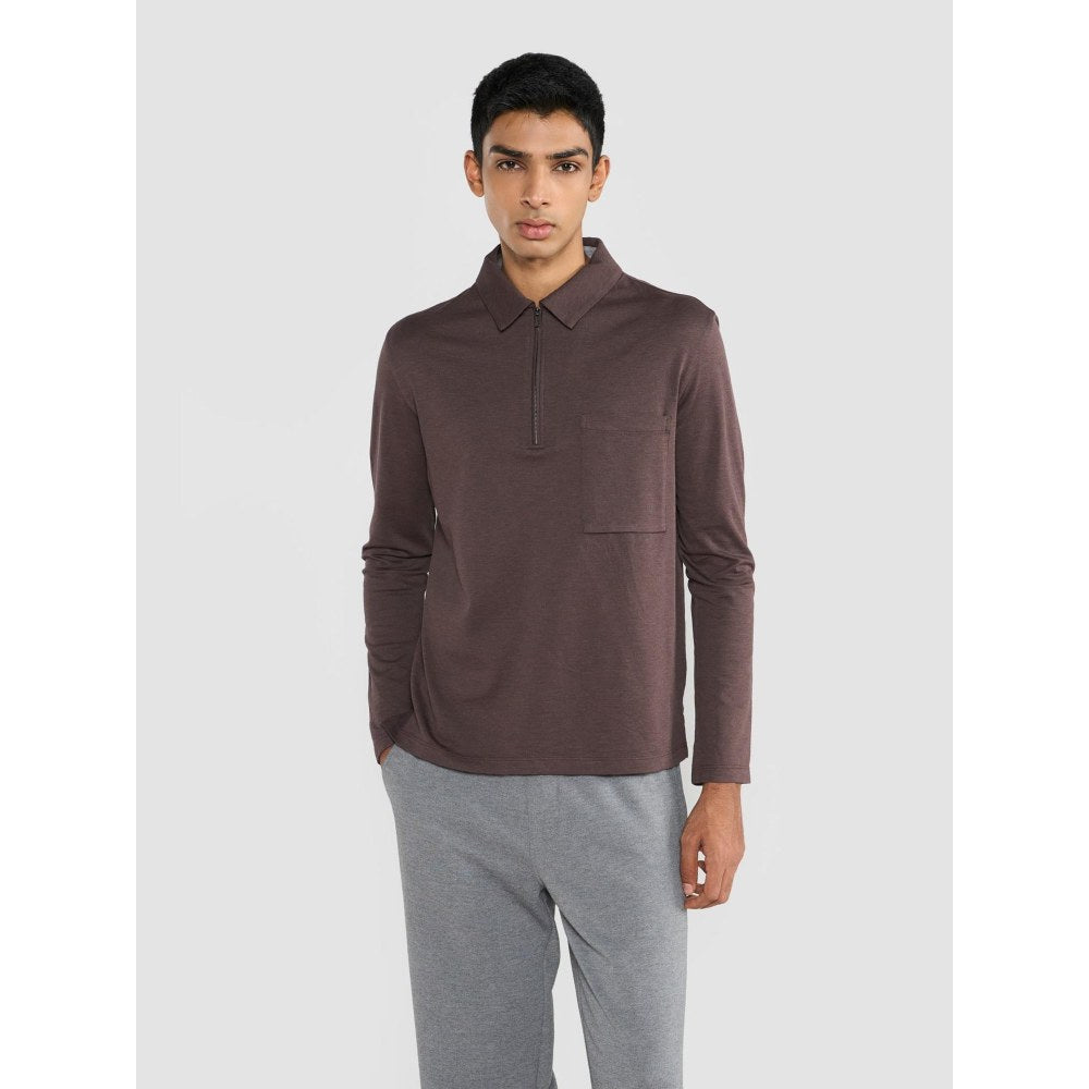 Perona Brown Tatsuko Cotton Collar Neck Solid/Plain Polo T-Shirt