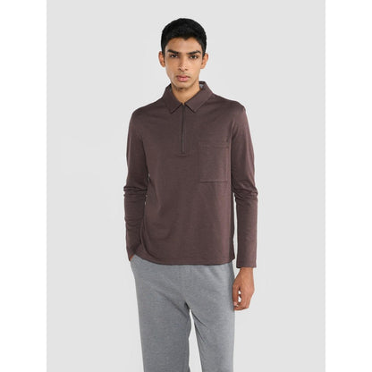Perona Brown Tatsuko Cotton Collar Neck Solid/Plain Polo T-Shirt