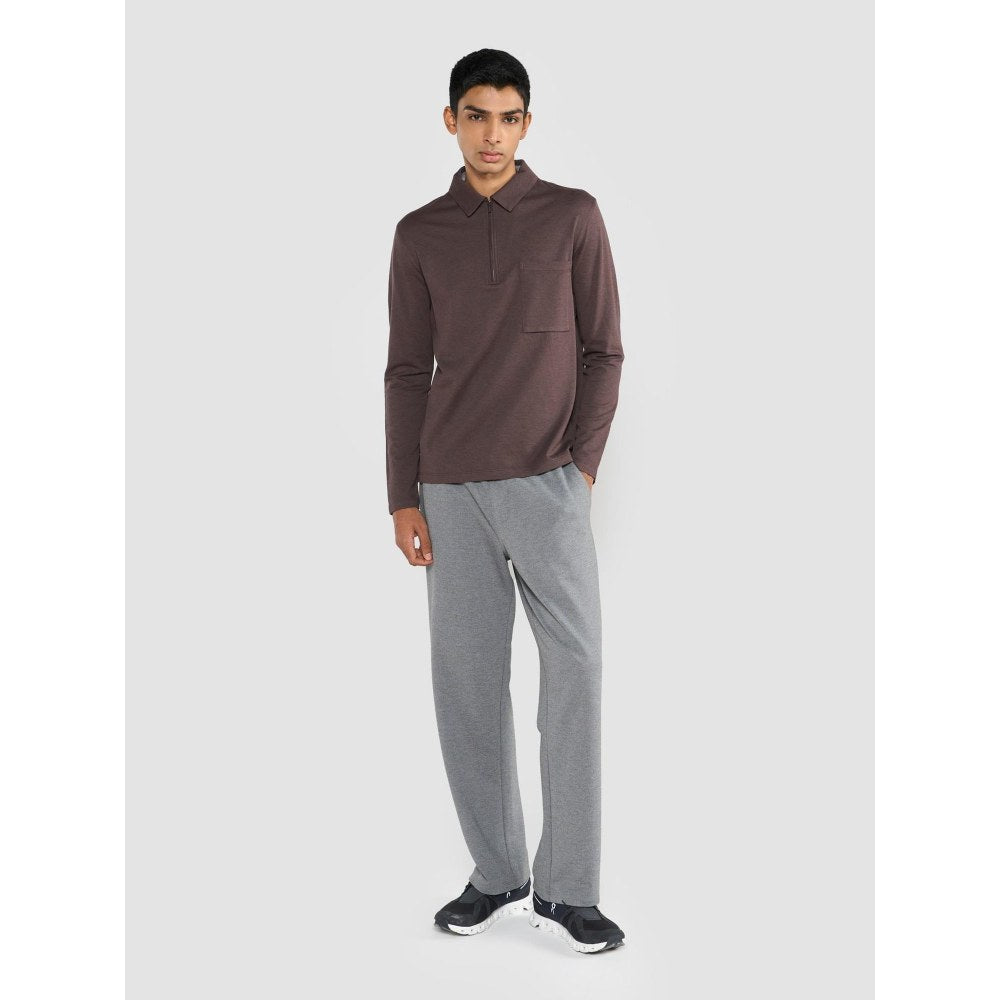 Perona Brown Tatsuko Cotton Collar Neck Solid/Plain Polo T-Shirt
