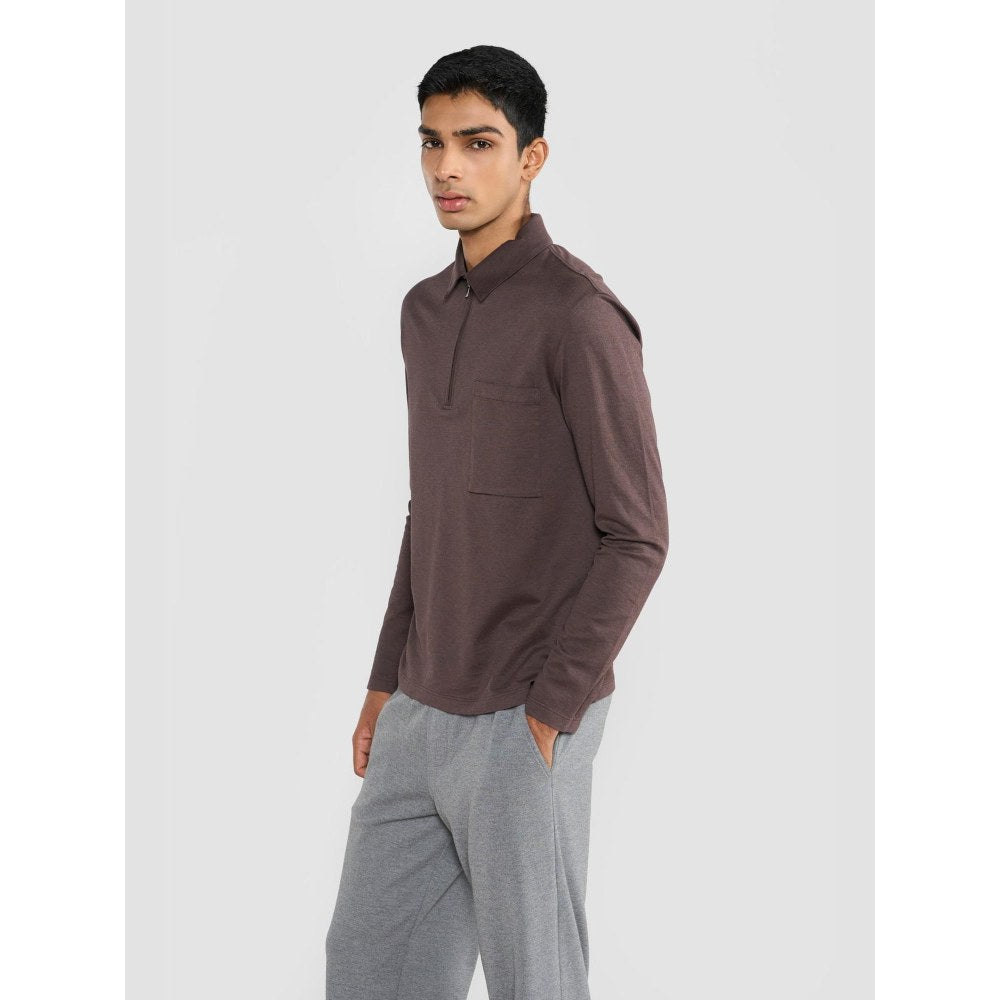Perona Brown Tatsuko Cotton Collar Neck Solid/Plain Polo T-Shirt