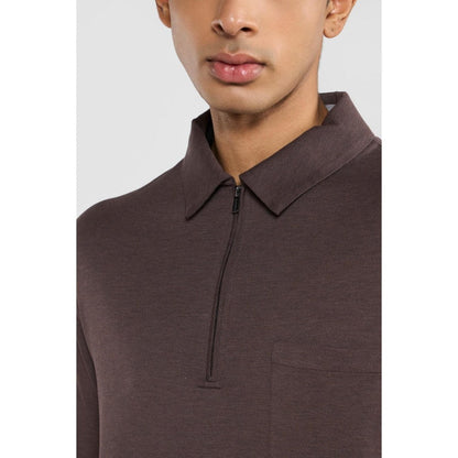 Perona Brown Tatsuko Cotton Collar Neck Solid/Plain Polo T-Shirt
