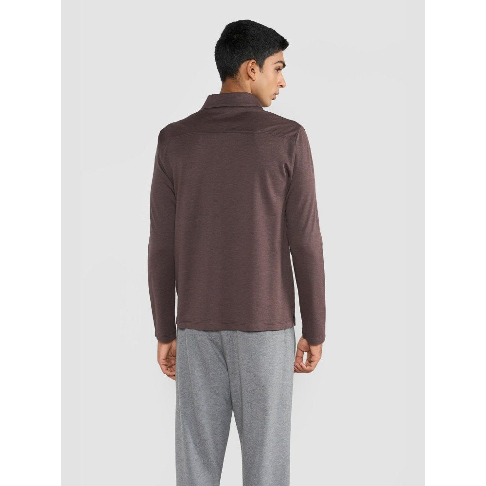 Perona Brown Tatsuko Cotton Collar Neck Solid/Plain Polo T-Shirt