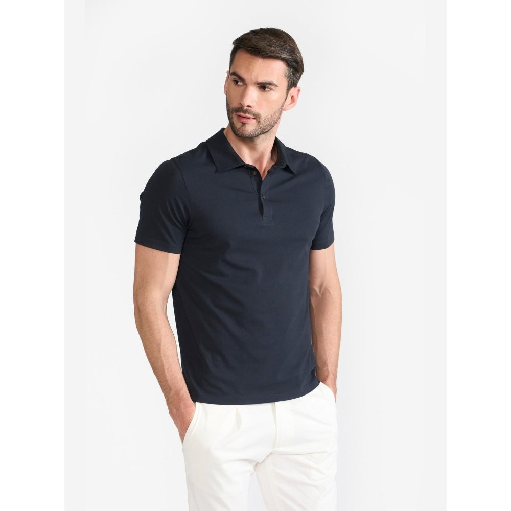 Perona Navy Blue Victor Pure Cotton Collar Neck Solid/Plain Polo T-Shirt