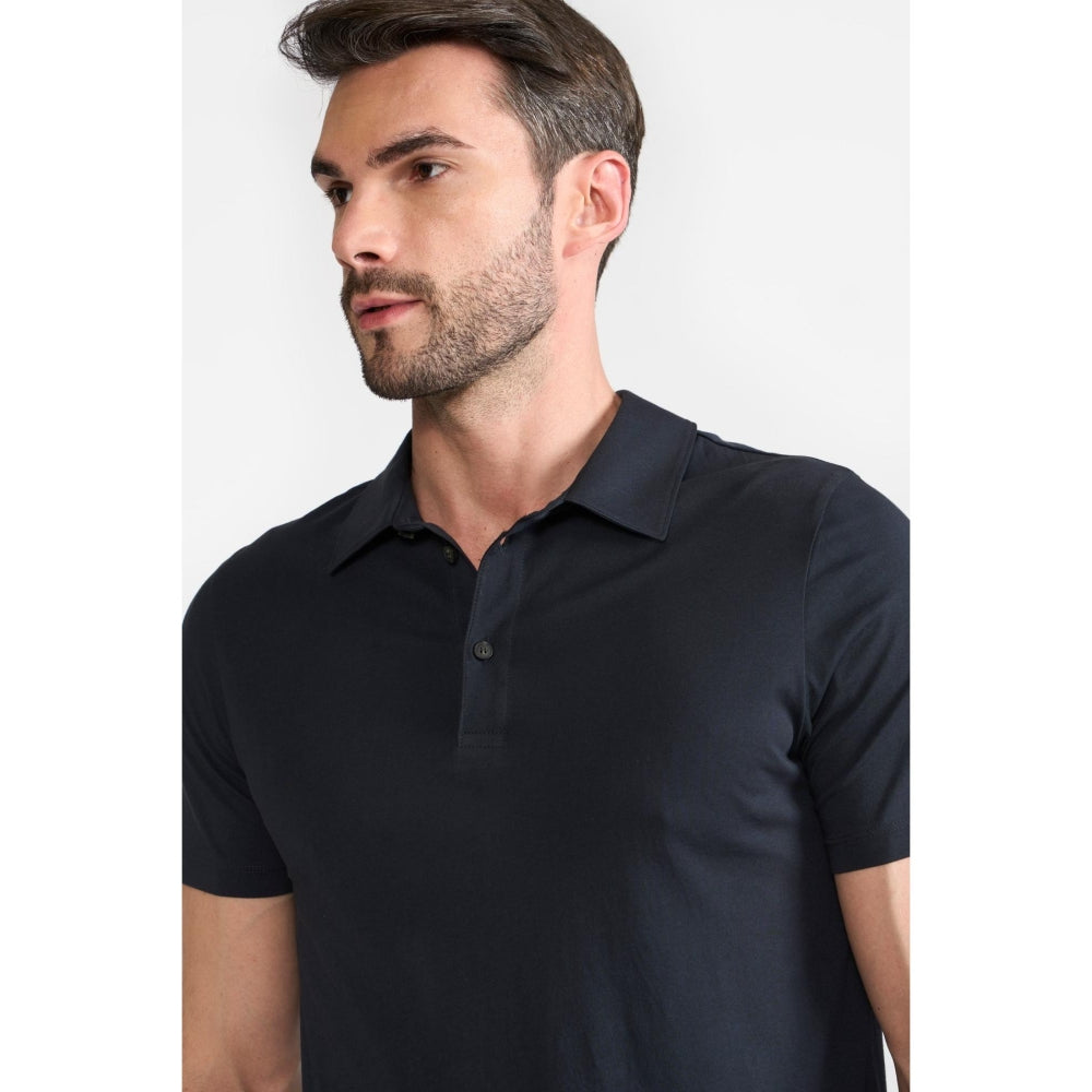 Perona Navy Blue Victor Pure Cotton Collar Neck Solid/Plain Polo T-Shirt