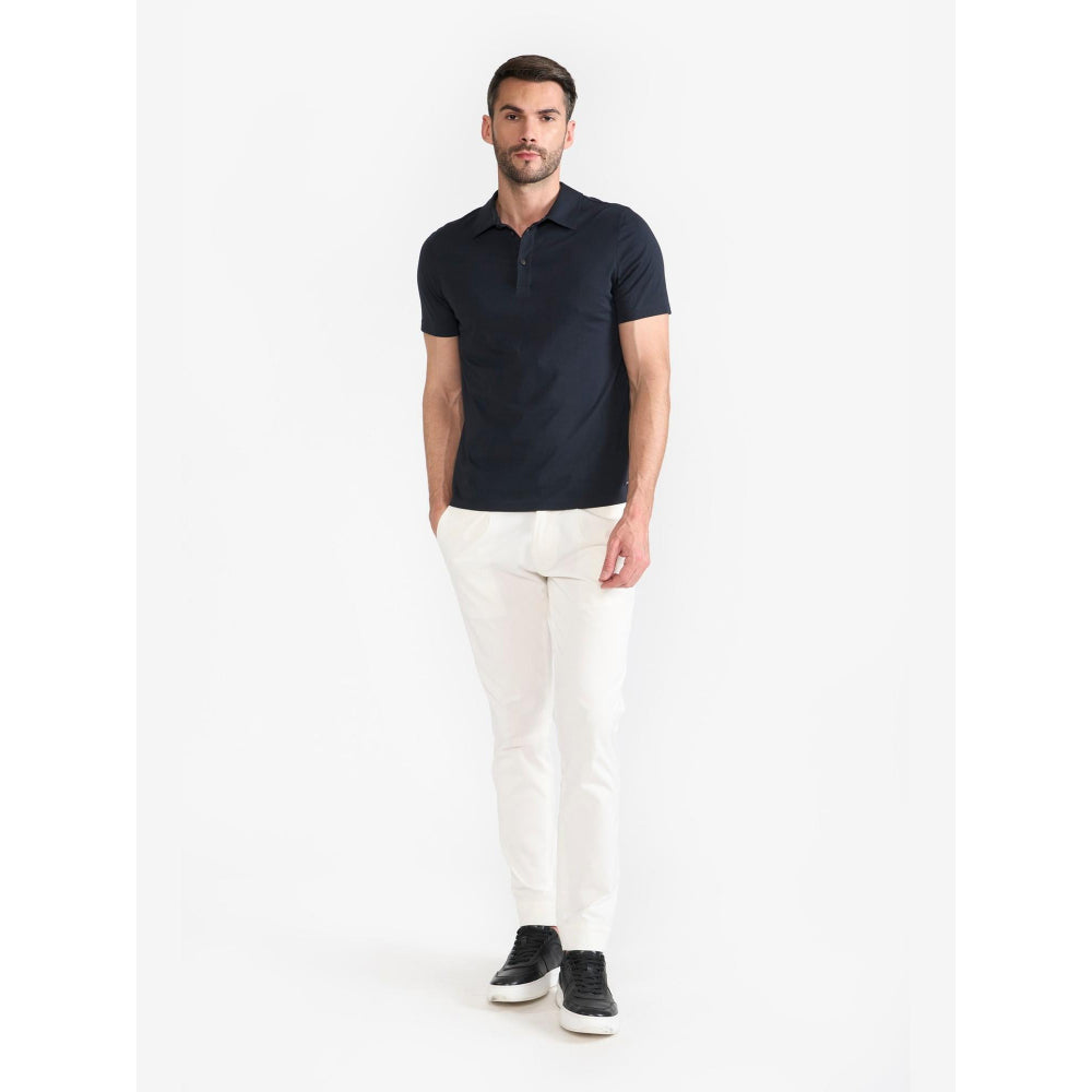 Perona Navy Blue Victor Pure Cotton Collar Neck Solid/Plain Polo T-Shirt