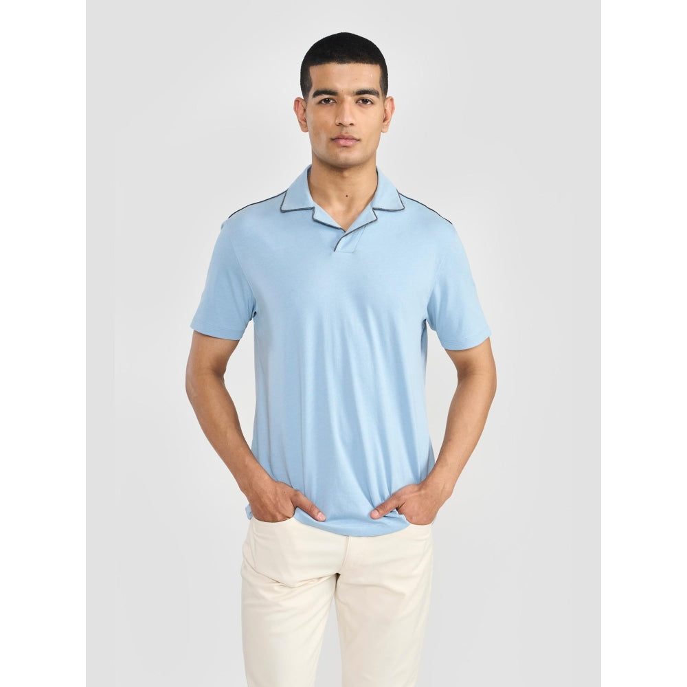 Perona Blue Alex Pure Cotton Collar Neck Solid/Plain Polo T-Shirt
