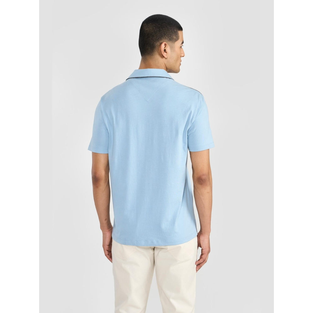 Perona Blue Alex Pure Cotton Collar Neck Solid/Plain Polo T-Shirt